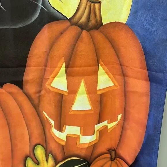 Halloween Night Large Flag with Cat, Jack O’ Lantern, Pumpkin, Leaves and Gourds - Picture 10 of 12